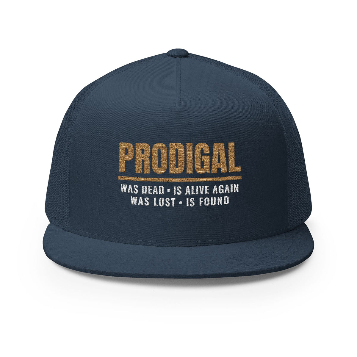 PRODIGAL Trucker Hat in Navy — gold and white embroidery, flat bill snapback