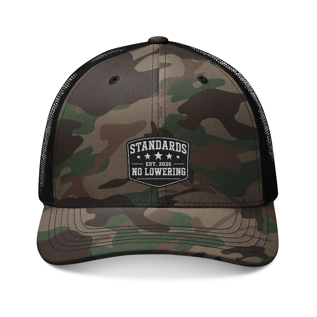 Camouflage Trucker Hat — Embroidered "Standards No Lowering" Patch