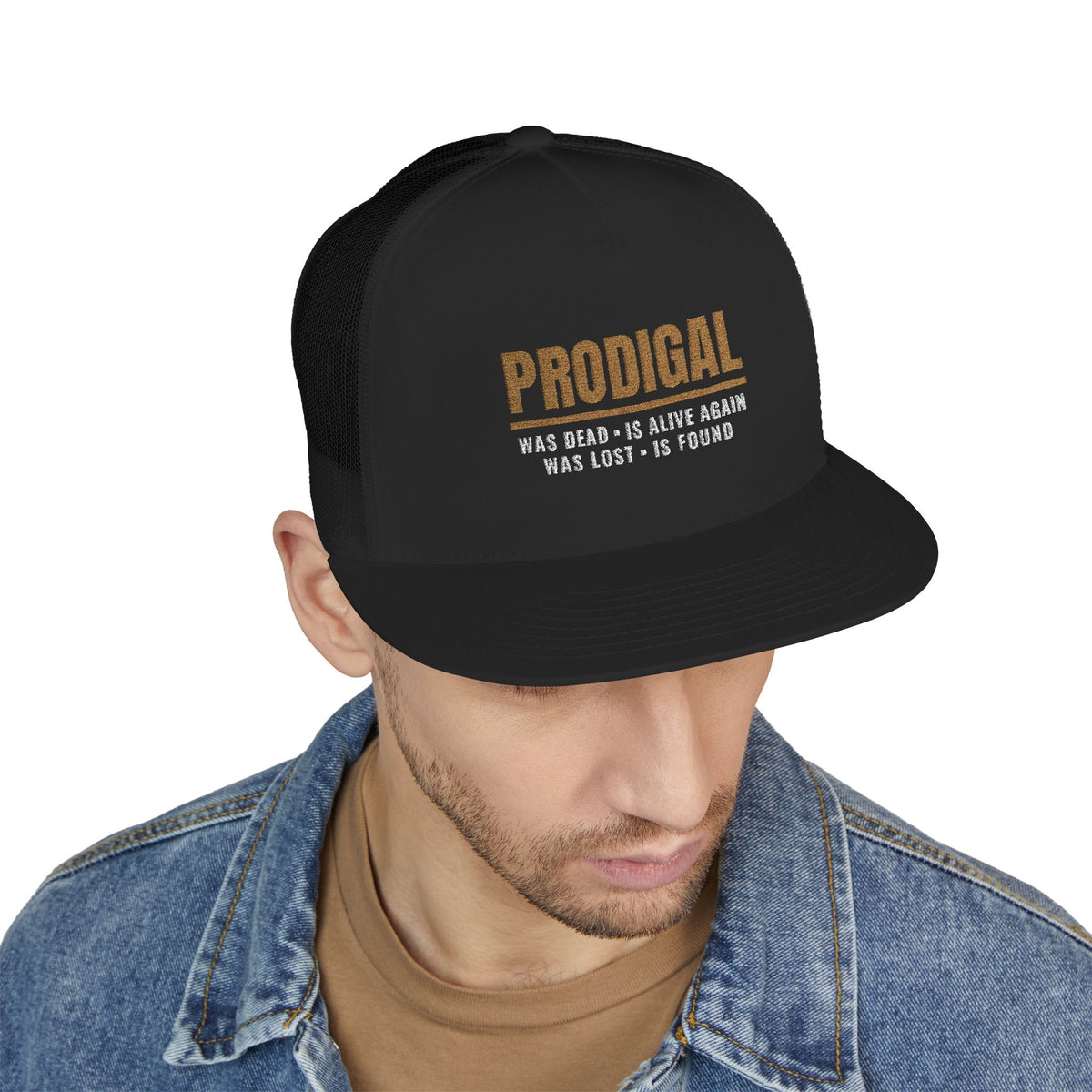 PRODIGAL Trucker Hat — Embroidered Flat Bill Snapback | Luke 15:24
