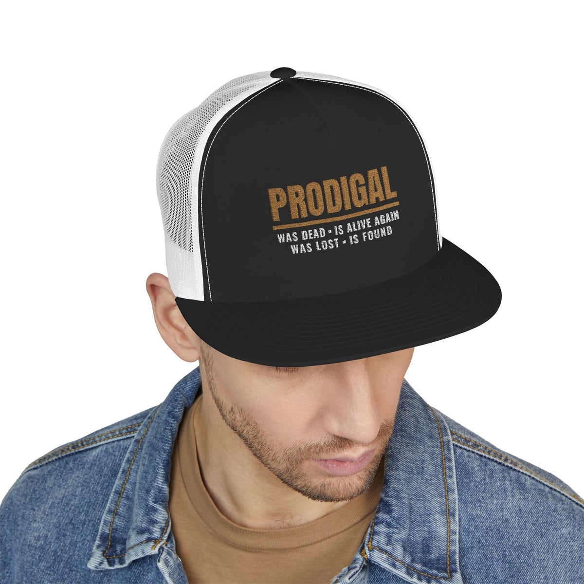 PRODIGAL Trucker Hat — Embroidered Flat Bill Snapback | Luke 15:24
