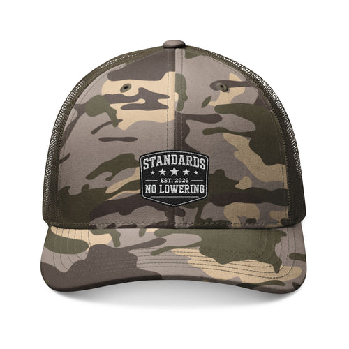 Camouflage Trucker Hat — Embroidered "Standards No Lowering" Patch
