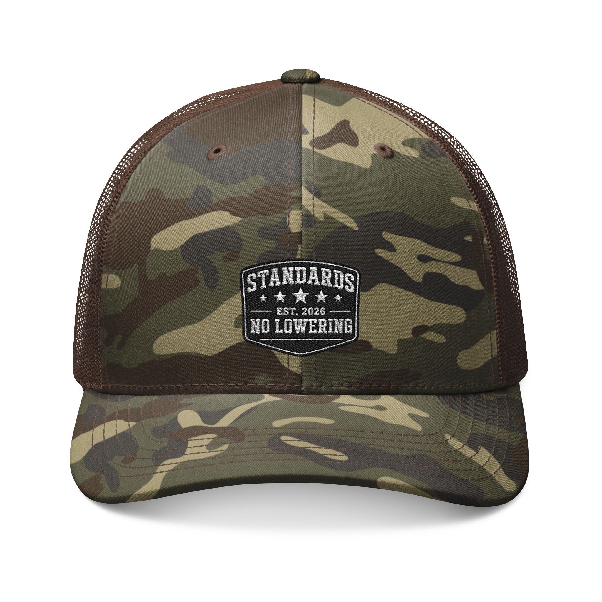 Camouflage Trucker Hat — Embroidered "Standards No Lowering" Patch