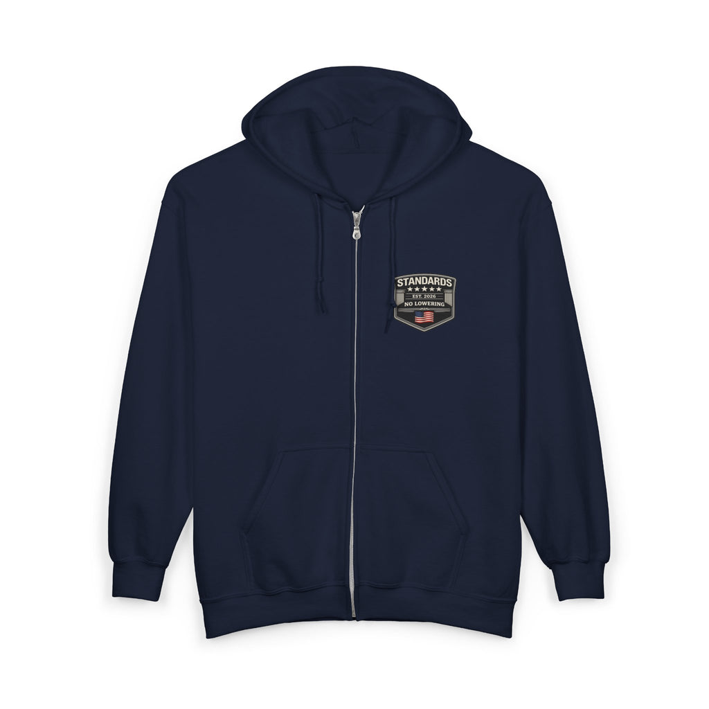 Standards "No Lowering" Full-Zip Hoodie — Left Chest Badge
