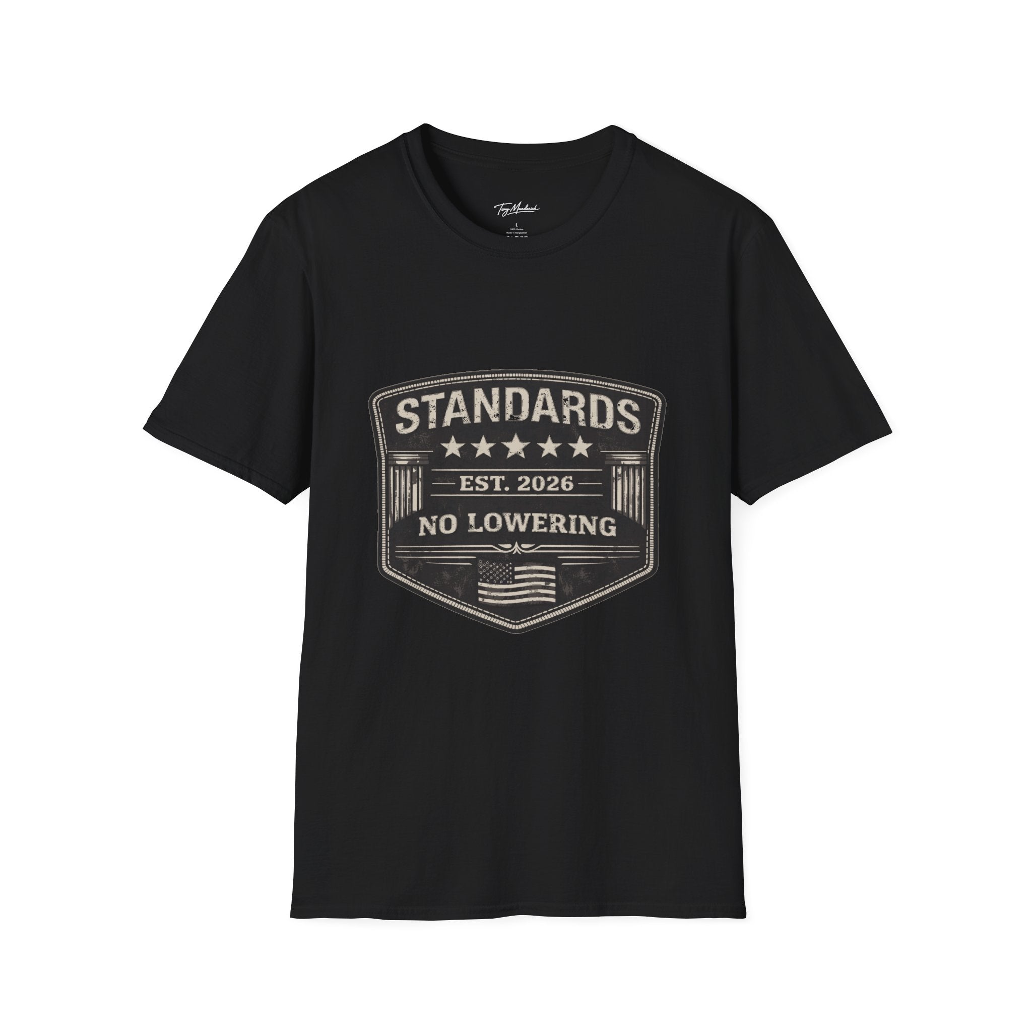 Standards No Lowering T-Shirt – Patriotic Vintage Shield Tee