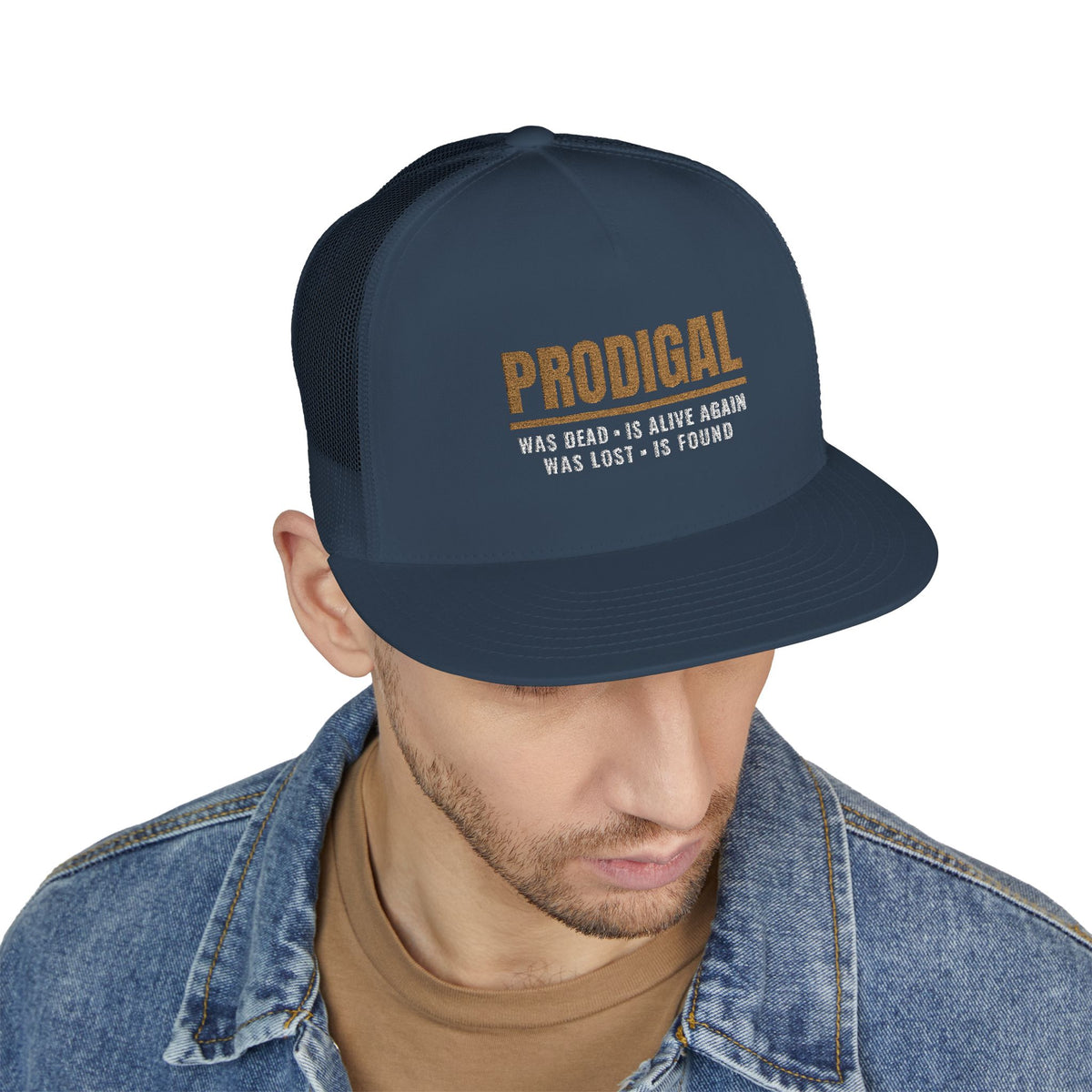 PRODIGAL Trucker Hat — Embroidered Flat Bill Snapback | Luke 15:24