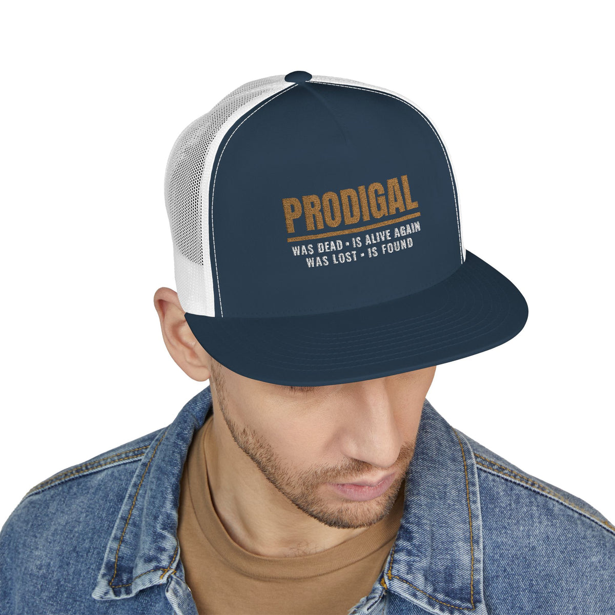 PRODIGAL Trucker Hat — Embroidered Flat Bill Snapback | Luke 15:24